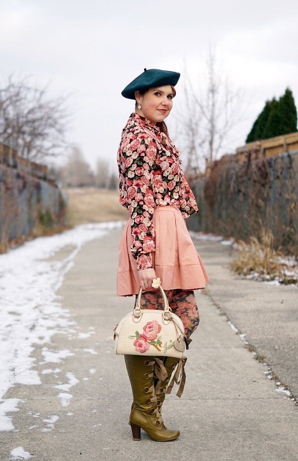 Winnipeg Canadian Fashion Stylist Consultant Blog, Forever 21 rose floral rose print blouse top, BCBG Max Azria Aria pink blush pleated skirt, Joe Fresh green wool beret, Forever 21 coral rose floral print tights, Juicy Couture terry rose embroidered bowler purse handbag, John Fluevog Hildegard Soprano olive green knee high lace up leather boots
